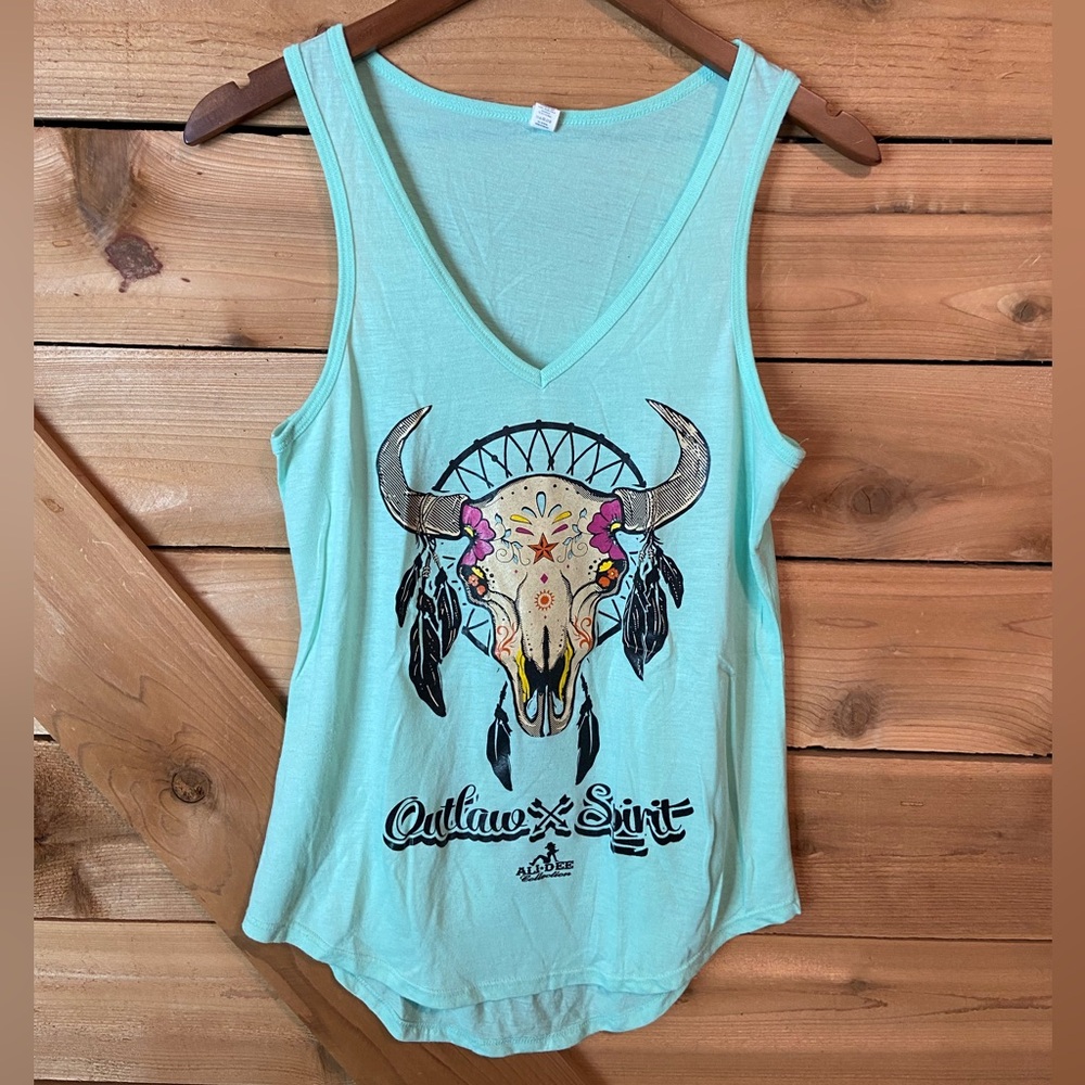 Ali Dee Mint V-Neck Graphic Tank Top “Outlaw Spirit”